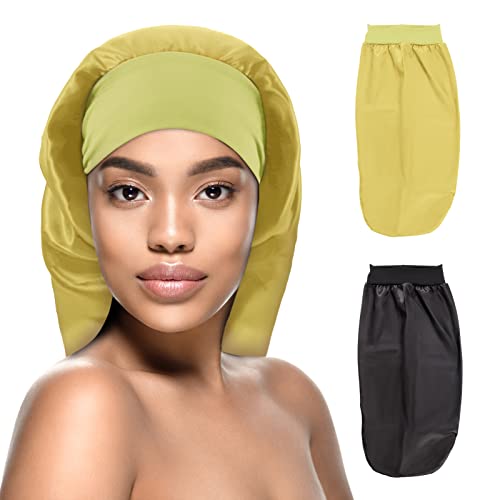 Kenllas Long Satin Sleep Bonnet -Extra Large Night Cap for Women with Long Curly Dreadlock Braid Hair (Black & Beige)