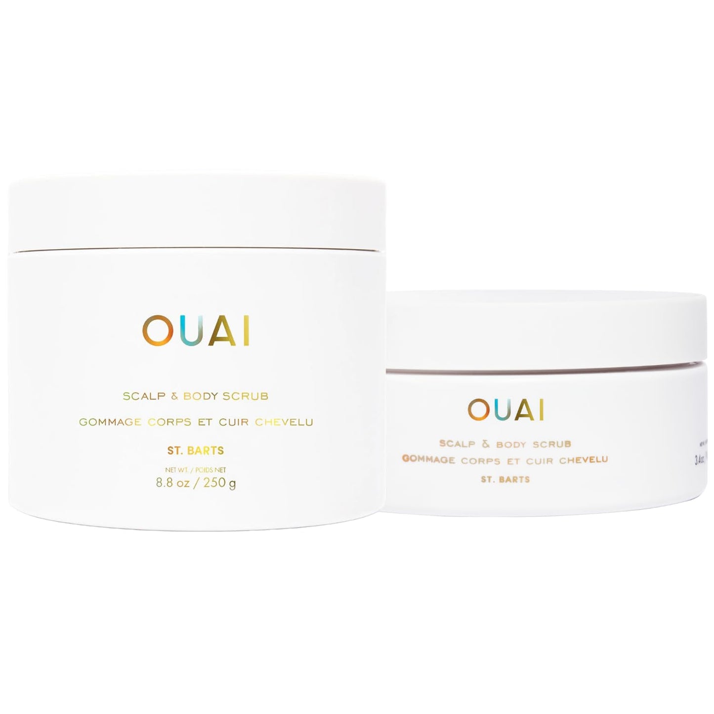 OUAI St. Barts Scalp & Body Scrub Bundle - Foaming Coconut Oil Sugar Scrub & Gentle Scalp Exfoliator Cleanses, Removes Buildup & Moisturizes Skin - Sulfate Free Body Care (2 Count, 3.4 Oz/8.8 Oz)