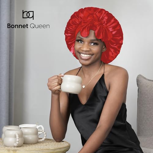 BONNET QUEEN Silk Bonnet for Sleeping Women Satin Bonnet Hair Bonnet night sleep cap scarf wrap for curly hair with tie band red