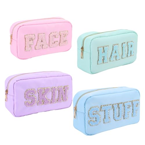 Bodhi Life Preppy Makeup Bag Set, 4 Pcs Chenille Letter Patch Cosmetic Pouch for Travel, NYlon Organizers for Hair, Skin, Face, Stuff, Cute Essentials for Women and Teens