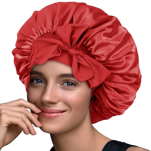 BONNET QUEEN Silk Bonnet for Sleeping Women Satin Bonnet Hair Bonnet night sleep cap scarf wrap for curly hair with tie band red