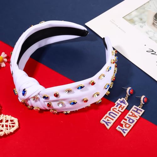 YAHPERN 4th of July Headbands for Women American Flag Headband Patriotic Red Blue White Beaded USA Headband Jeweled Crystal Pearl Knotted Headband 4th of July Hair Accessories Gifts (Happy 4th July)