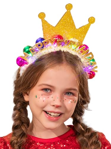 GENBREE Light Up Happy Birthday Headband Birthday Crown Ball Headpiece Party Festival Hair Accessories for Women (Gold)