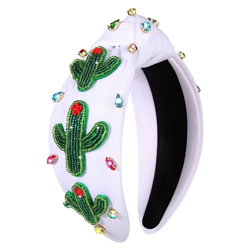 mokkia Summer Headband for Women Beaded Flower Palm Leaf Watermelon Fruit Headband Rhinestone Jeweled Knotted Headband Boho White Pink Wide Top Knot Headband Summer Beach Hair Accessories (Cactus A)