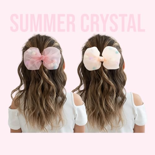 Summer Crystal 3Pcs Stars Tulle Large Bow Hair Clips - For Girls and Women - Ideal Hair Accessory for Birthdays, Daily Wear, Holidays, and Parties (3Pcs Stars Tulle GPP)