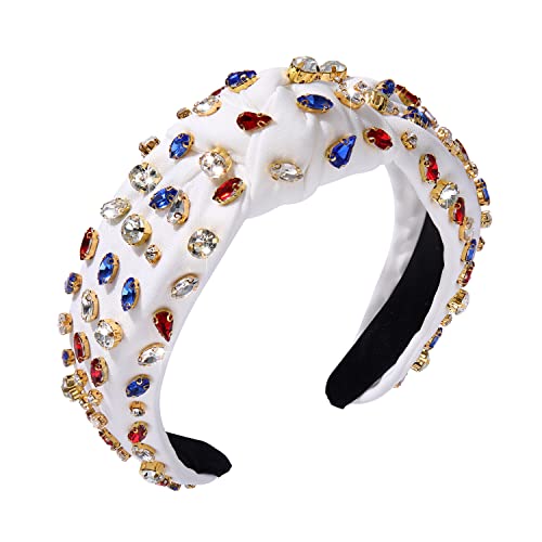 CENAPOG Rhinestone Knotted Headband for Women Sparkly Crystal Embellished Hairbands Twist Turban Headband Elastic Wide Velvet Hair Hoop Party Wedding Headwear for Girls (American Flag Colors)