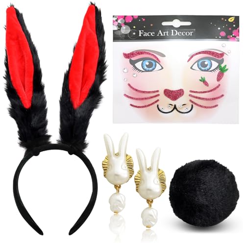 RechicGu 4 Pcs Halloween Bunny Costume Accessories Set Plush Bunny Ears Headbands Bunny Tail Rabbit Headwear Costume Hair Accessories for Women Party Prom Cosplay Easter Black Red