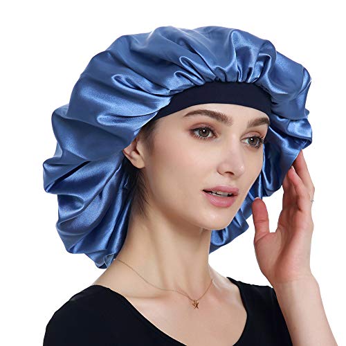 Double Layer Bonnet Long Satin Cap Head Wrap for Sleeping Blue