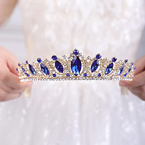 JWICOS Crystal Tiara with Comb for Women Queen Crown Wedding Bridal Party (Blue)