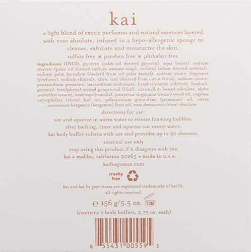 kai Body Buffer Rose, 2 Count, Innovative Bath sponges That Gently exfoliates Skin While Cleansing The Body with a Fresh + Clean Gardenia Rose Absolute Scent, Vegan, Cruelty Free, Made in The USA