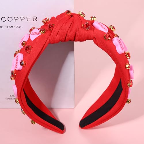 YAHPERN Valentine’s Day Headband for Women Red Pink Heart Knotted Headband Jeweled Rhinestone Crystal Wide Top Knot Hairband Valentine’s Day Hair Accessories Holiday Gifts (Letter Heart)