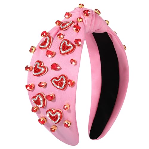 NVENF Valentine’s Day Headband for Women Love Heart Headband Jeweled Crystal Rhinestone Knotted Headband Red Pink Wide Top Knot Headband Valentine’s Day Hair Accessories Gifts (Letter 1 - White)