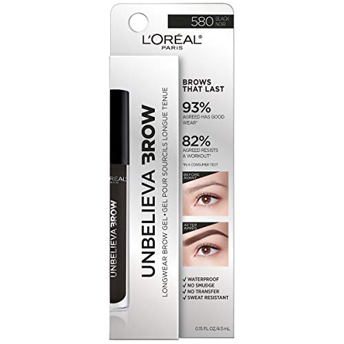 L'Oreal Paris Unbelieva-Brow Longwear Waterproof Tinted Brow Gel, Smudge-resistant, Transfer- Proof, Quick Drying, Easy and quick application with precise brush, Black, 0.15 fl. oz.