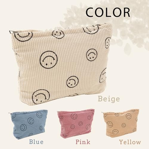 Herchuse Makeup Bag Cute Smiley Face Makeup Bag Organizer With Zipper Corduroy makeup Bag 3PCS Bag For Purses For Women (Beige)