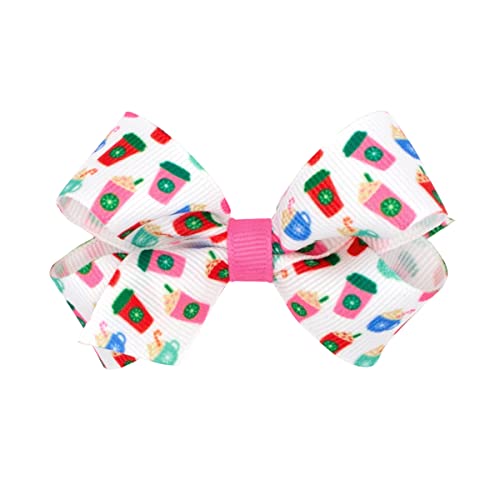 Wee Ones Girls' Grosgrain Pink-themed Christmas Novelty Print Hair Bow, Medium, Pink Cup