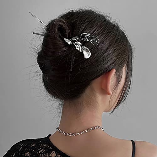 ZAYOIZY 4pcs Metal Hair Sticks Hair Bun Chopsticks Hair Pins Simple Sturdy Alloy Sticks for Women Long/Thick/Curly Hair, Silver&Black 6.7in