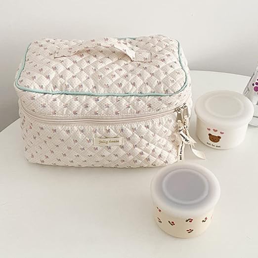 Ormein Floral Cotton Makeup Bag Large Travel Cosmetic Quilted Pouch Coquette Aesthetic Toiletry for Ladies Girl Multifunction Storage (Beige)