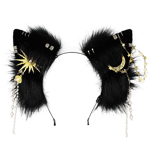 Loiahoer Black Cat Ears Headwear Headband Hairhoop,Animal Fluffy Neko Ears Hairband Handmade,Head Accessories with Gold Metal Pendant for Halloween Cosplay Fancy Dress Party