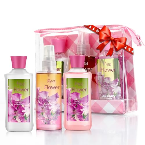 Vital Luxury Bath & Body Care Travel Set Pea Flower Scent Home Spa Set with Body Lotion, Shower Gel and Fragrance Mist, Christmas Gifts for Her and Him