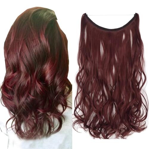 iLUU Hidden Invisible Wire Hair Extension Curly Synthetic Hair Extensions Secret Miracle Wire Hair Piece with Fish Line Headband Long Wavy Burgundy Red 80g/18" Hair Extensions for Women Girl