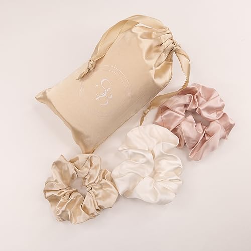 3 Pack Luxury Silk Scrunchies 100% Mulberry Silk for Hair in Satin Travel Bag (3 Pack, Large, Pink, Champagne, White)