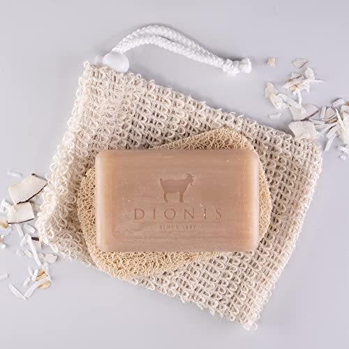 Dionis Goat Milk Coconut & Oats Ultimate Bar Soap Shower & Bath 3 Pc Travel Set - Creamy, Rich Lather, Exfoliates & Massages Hands - Triple Milled Soap Bar, Soap Saver Pad & Exfoliating Scrubber Bag