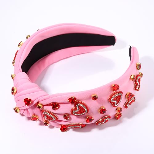 NVENF Valentine’s Day Headband for Women Love Heart Headband Jeweled Crystal Rhinestone Knotted Headband Red Pink Wide Top Knot Headband Valentine’s Day Hair Accessories Gifts (Letter 1 - White)