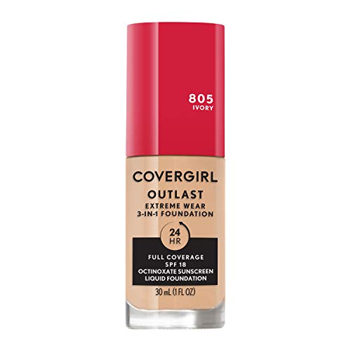 Covergirl Outlast Extreme Wear 3-in-1 Full Coverage Liquid Foundation, SPF 18 Sunscreen, Ivory, 1 Fl. Oz.