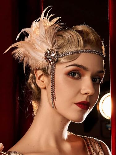 Yunyuebridal 1920s Women's Wedding Party Headpieces Crystal Feather Gatsby Headband Tea Party Hair Accessory Flapper Hair Accessory,Champagne