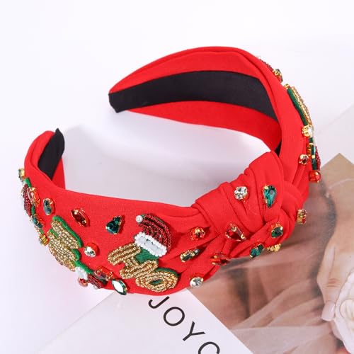 CEALXHENY Christmas Headband for Women Holiday Christmas Accessories Beaded Xmas Bow Tree Snowflake HOHOHO Knotted Headband Red Green Crystal Pearl Top Knot Headband Festive Holiday Gifts (HOHOHO 4)