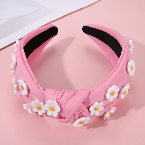 NVENF Flower Headbands for Women Spring Summer Floral Knotted Headbands Crystal Rhinestone White Pink Wide Top Knot Headband Beach Summer Hair Accessories Outfits Gifts (Flower A-Pink3)