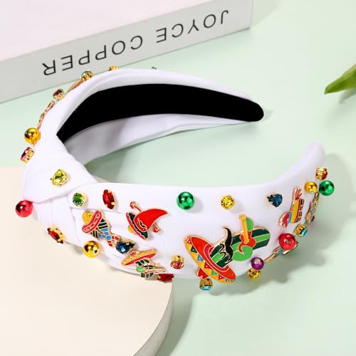 NVENF Mexican Headband for Women Cinco De Mayo Fiesta Pianata Chili Sombrero Headband Rhinestone Crystal Jeweled Wide Top Knot Headband Mexican Hair Accessories Gifts (Mixed C-White)