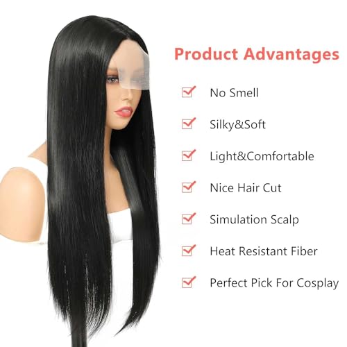 JulyQueen Straight Lace Front Wigs Black Color Long Straight Hair Synthetic Lace Front Wigs for Women 4x3.5 inch Lace Closure Wig Natural Hairline Heat Resistant Fiber Glueless Lace Wigs 24 inch