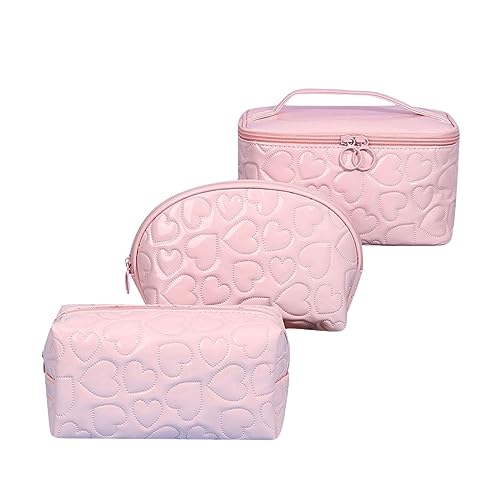 Toonshare Makeup Bag Set of 3 Travel Cosmetic Bag Make Up Organizer Case Portable Waterproof PU Toiletry Bag Zipper Pouch Purse (pink)