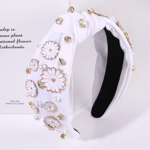 Flower Knotted Headband Boho Spring Rhinestone Crystal Jeweled Flowers Leaf Top Knot Headband Summer Beach Wedding Holiday Party Head Band Hair Accessories Gift for Women Girls (white flower headband)