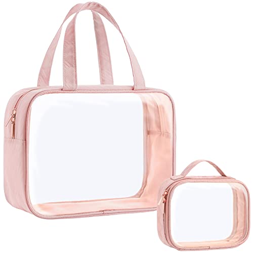 PACKISM Clear Toiletry Bags - 2 Pack Clear Makeup Bags with Handle Large Opening, Waterproof Clear Cosmetic Bags Fit Carry-on Travel Essentials, Travel Accessories Clear Travel Bags, Pink