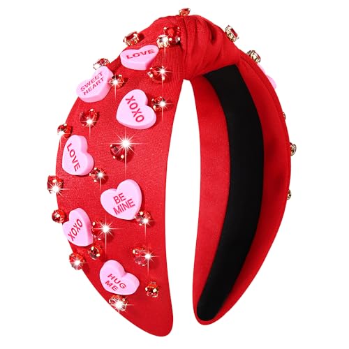 YAHPERN Valentine’s Day Headband for Women Red Pink Heart Knotted Headband Jeweled Rhinestone Crystal Wide Top Knot Hairband Valentine’s Day Hair Accessories Holiday Gifts (Letter Heart)