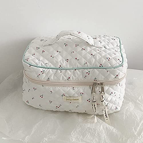 Cessfle Kawaii Cotton Makeup Bag Large Travel Cosmetic Bag Quilted Coquette Makeup Pouch Aesthetic Floral Toiletry Bag