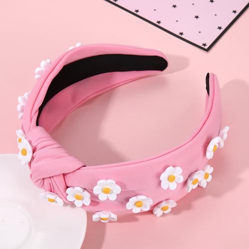 NVENF Flower Headbands for Women Spring Summer Floral Knotted Headbands Crystal Rhinestone White Pink Wide Top Knot Headband Beach Summer Hair Accessories Outfits Gifts (Flower A-Pink3)