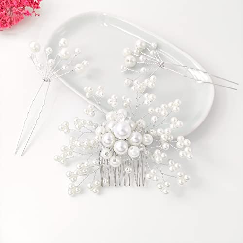 QUEOUNR Pearl Wedding Hair Comb, 3PCS Bridal Hair Combs with Rhinestone Hair Pins Clips Head-piece Decorative Hair Accessories for Women Girls,H28