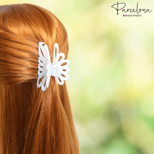 Parcelona French Plume 3" Celluloid No Slip Grip French Covered Spring Jaw Hair Claw Durable Styling Hair Accessories Women Strong Hold Girls Hair Claw Clips, Made in France (Solid White)