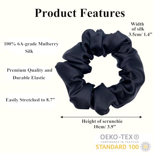 VLOMOT 3 Pcs Set 100% Pure Mulberry Silk Hair Scrunchies Silk Hair Ties with Chic Color Everyday Scrunchies Silk Ponytail Holders Hair Care No Damage (Black)