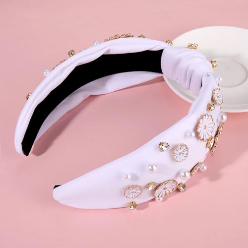 Flower Knotted Headband Boho Spring Rhinestone Crystal Jeweled Flowers Leaf Top Knot Headband Summer Beach Wedding Holiday Party Head Band Hair Accessories Gift for Women Girls (white flower headband)