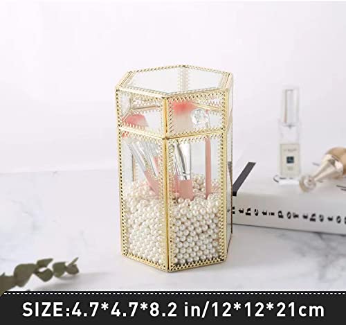 Glass Makeup Brush Holder with Lid Organizer Vintage Cosmetic Hexagonal Display Cases Brush Storage with Free White Pearls - Gold