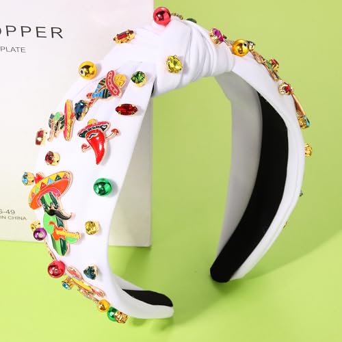 NVENF Mexican Headband for Women Cinco De Mayo Fiesta Pianata Chili Sombrero Headband Rhinestone Crystal Jeweled Wide Top Knot Headband Mexican Hair Accessories Gifts (Mixed C-White)