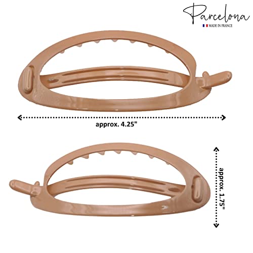 Parcelona French Oval Simple 4 1/4" Large Cellulose Acetate Metal Free Hair Barrette Clips Ponytail Non Slip Fashion Durable Styling Women Hair Accessories Hair Clip for Girls, Made in France(Beige)