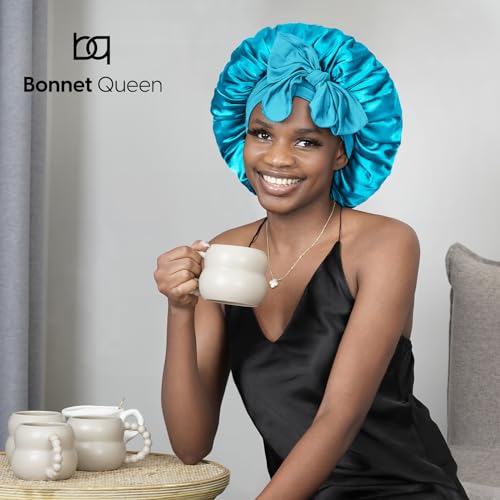 BONNET QUEEN Silk Bonnet for Sleeping Women Satin Bonnet Hair Bonnet Night Sleep Cap Scarf wrap for Curly Hair with tie Band Aqua