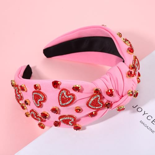 NVENF Valentine’s Day Headband for Women Love Heart Headband Jeweled Crystal Rhinestone Knotted Headband Red Pink Wide Top Knot Headband Valentine’s Day Hair Accessories Gifts (Letter 1 - White)