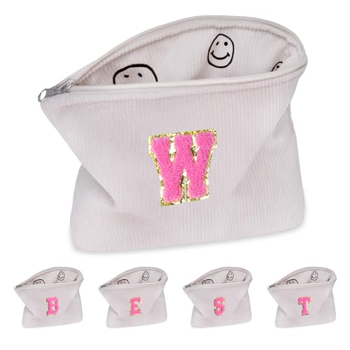 TAPMEI Personalized Gift for Women Girls,A-Z Initial Corduroy Makeup Bag,Preppy Cosmetic Bag,Cute Smile Face Make Up Pouch with Zipper,Birthday Gifts for Friend Teacher Teenage Daughter(W)