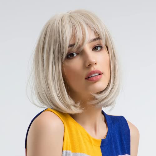 MOSINA Blonde Bob Wig - Short Blonde Straight Bob Wigs with Bangs for Women, Colorful Short Hair Wig, Cute Synthetic Wig for Cosplay, Daily, Halloween (12inch)…